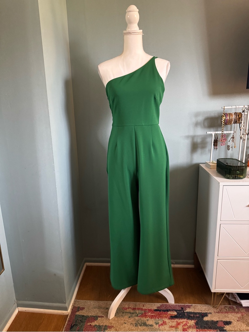 One-Shoulder Green Wide Leg Crop Jumpsuit Dressy Small